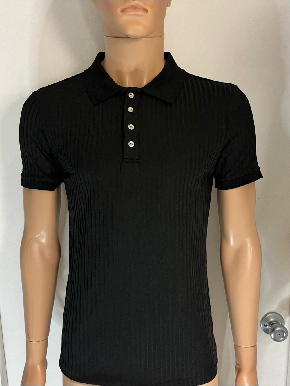 Slim Fit Black Ribbed Polo Shirt with Button Placket